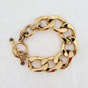 Juicy Couture Rhinestone Chunky Heavy Gold Tone Logo Link Chain Toggle Bracelet